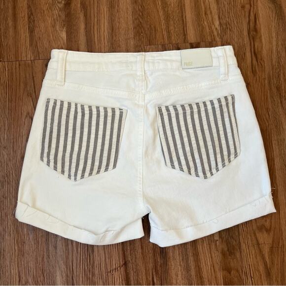Paige Women’s Cindy Petite White Noise Denim Seersucker Pockets Grand Hem Shorts - Picture 5 of 7